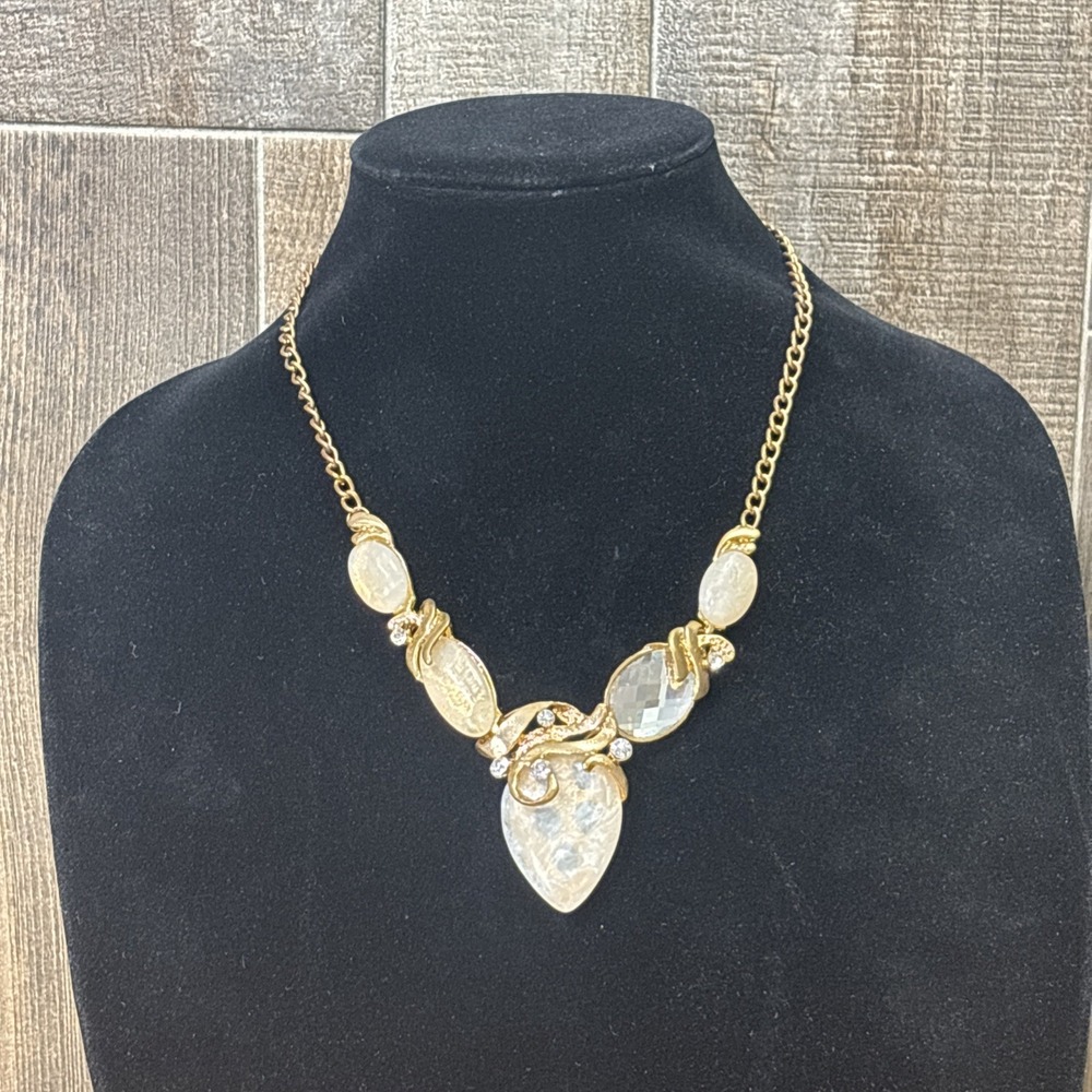 Vintage Brass Tone Moon Glass Cabochon Rhinestone Statement Bib Necklace